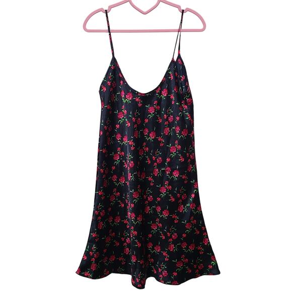 Womens Sz S Black Satin Magenta Floral Slip Dress Mini Dress Strappy Lingerie - Picture 1 of 4